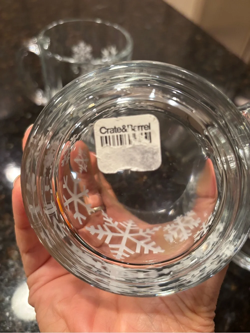 Crate & Barrel Set of 3 Snowflake White and Clear Glass Mugs. Made In USA New!